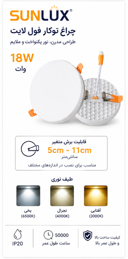 پنل فریم لس توکار فنر متغیر 18 وات سان لوکس 1 پنل فریم لس 18 وات سان لوکس