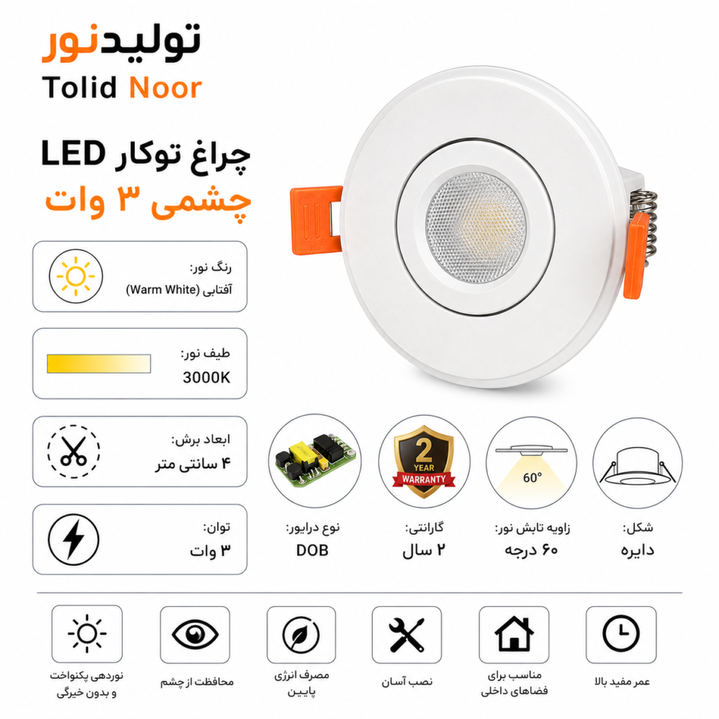 چراغ توکار 3 وات تولیدنور